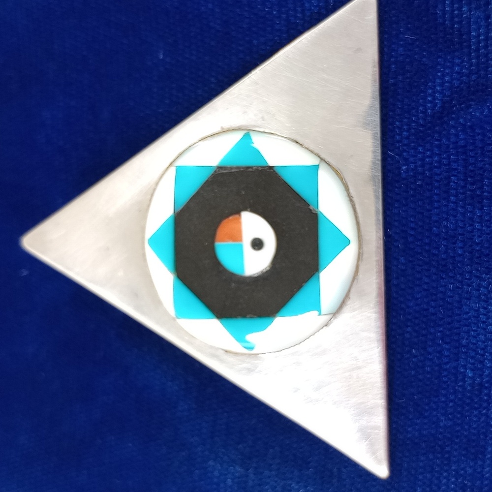 Vintage Zuni SunFace Turquoise, MOP , Onyx Inlay on Sterling Silver Earrings - Picture 8 of 16